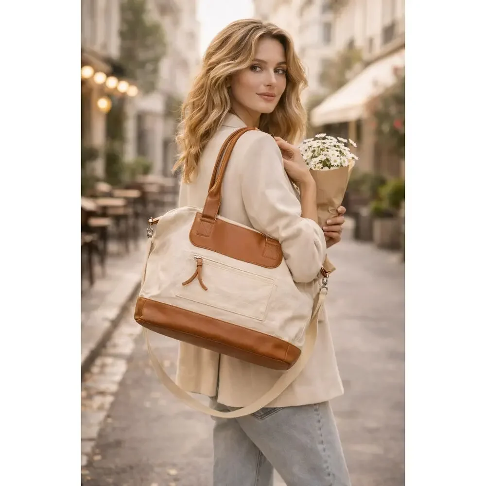Graf Lantz Canvas & Leather Work + Travel‎ Bag | Cream Tan Carryall Crossbody